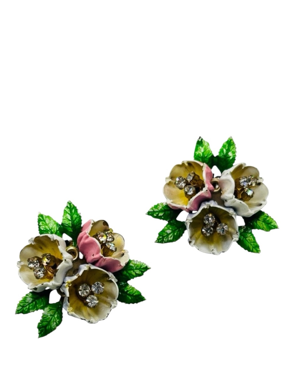 Vintage Rhinestone Enamel Flower 3-D Clip Earrings